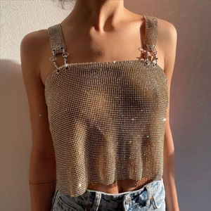 Camisole Sexy en Maille Métallique avec Strass pour Femme Crop Top Dos Nu Chainmail Tank Top pour Fête de Nuit et Festival