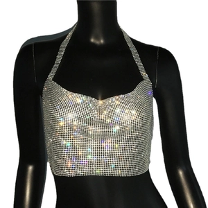 Sexy top a lupetto con strass argento, maglia scintillante e cristalli per abbigliamento club
