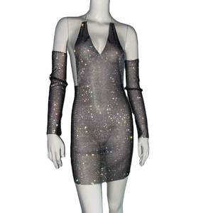 Sparkly rhinestone mesh mini dress with matching arm sleeves and halter neck