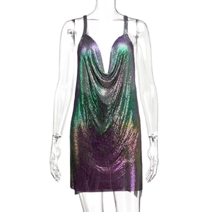 Iridescent metal sequin halter dress with deep V-neck for parties and music festivals