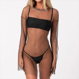 Robe résille noire sexy avec strass et manches longues en maille élastique pour fête