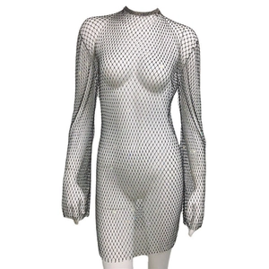 Robe courte en résille noire à strass brillants et manches longues pour femmes