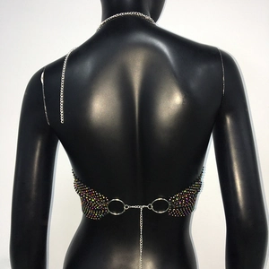 Dettaglio del top sexy in rete nera con strass colorati e chiusura con catena in metallo