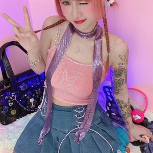 Y2K style pink sequin camisole with sequin scarf and pleated denim skirt set
