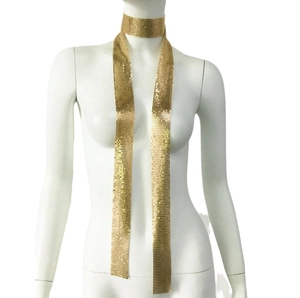 Chic long gold sequin mesh scarf necklace for women, stylish Y2K metallic neck accessory