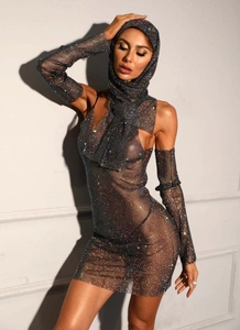 Detail of black rhinestone mesh dress set with matching sleeves and headscarf for parties