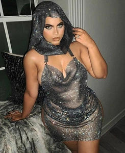 Detail of silver rhinestone mesh mini dress with matching hooded headpiece for party wear