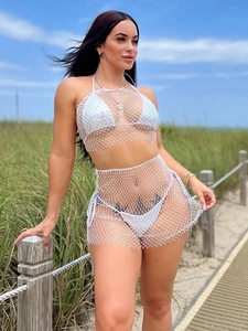 Damen Sexy Aushöhlung Netz Strand Top Und Bottom Strass Mesh Cover Up Halter Crop Top Mini Rock Zwei Teile Kleidung