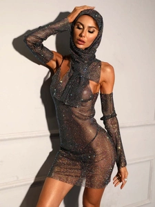 Sparkly rhinestone mesh bodycon dress set with halter neck and matching sleeves