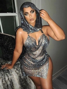 Sparkly rhinestone hooded mini dress with halter backless design and side slit for women