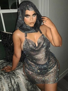 Sparkly rhinestone hooded mini dress with deep V-neck for sexy party wear in silver grey