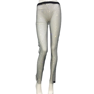 Pantaloni a rete neri sexy da donna con strass colorati ed elastico in vita per feste