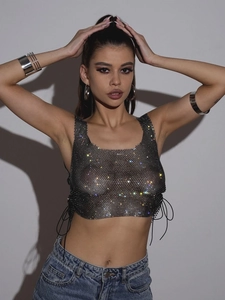 Haut court transparent en maille avec strass scintillants et lacets latéraux pour femme