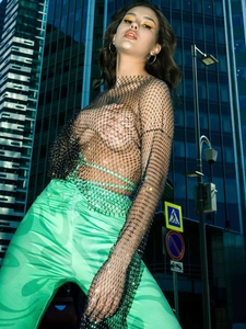 Women Sexy Rhinestone Fishnet Long Sleeve T-Shirt See-Through Hollow Out Mesh Top For Party Streetwear Clubwear Black White