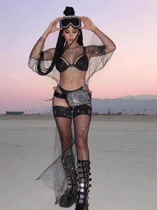 Robe résille sexy avec strass et ensemble bikini brillant pour festivals du désert