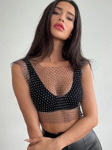Débardeur Sexy en Maille de Strass pour Femmes Ajouré Transparent Sans Manches Crop Top Clubwear de Fête Gilet de Mode