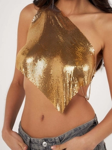 Haut Court Sexy pour Femmes en Maille Métallique avec Paillettes Dos Nu Licou Débardeur avec Chaîne pour Fête