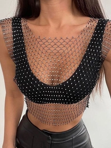 Débardeur sexy en résille noire avec strass et encolure carrée en maille brillante