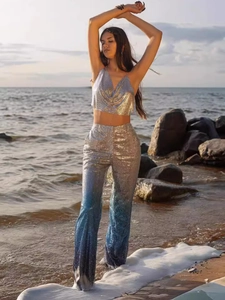 Ensemble haut dos nu à paillettes argentées et pantalon large dégradé pour femme