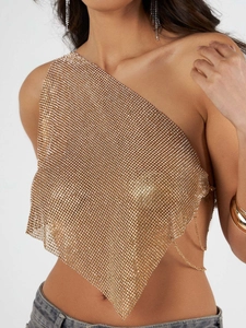 Sparkling gold rhinestone one-shoulder chain top for party and music festival fashion