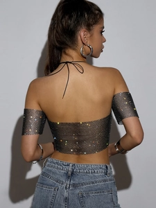 Haut licou sexy en résille noire avec strass et manches assorties pour la fête
