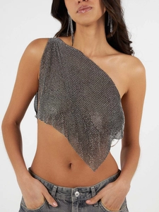 Sparkly silver rhinestone mesh one-shoulder top with irregular hem for festival