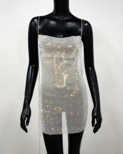 Detailed view of silver mesh mini dress with sparkling rhinestones and thin straps