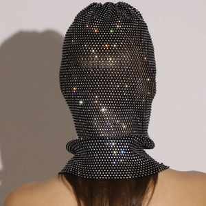 Sparkling rhinestone mesh hood mask with colorful crystals over black netting base