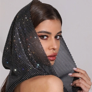 Women Sexy Rhinestone Mesh Hood Headscarf Sparkly Crystal Party Nightclub Hollow Out Grid Headwear Breathable Bonnet Hat