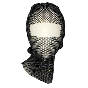 Sparkling rhinestone mesh balaclava with colorful crystals on a black fashion headpiece