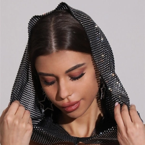 Sparkly rhinestone mesh hood headpiece for women, elegant black fishnet party hair accessory