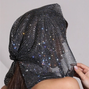 Elastic black mesh turban hat with sparkling rhinestones for party fashion accessories