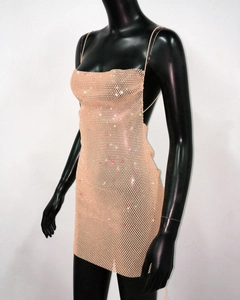 Detail of champagne rhinestone mesh dress with shimmering crystals and thin straps