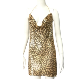 Mini-robe dos nu sexy à imprimé léopard avec paillettes, col en V profond et éclat doré