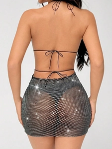 Sexy black mesh mini skirt with silver rhinestones for women club and party wear