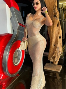 Abito Lungo da Donna Sexy con Strass a Rete Trasparente Scollo a V Senza Maniche Aderente a Rete per Feste Vacanze