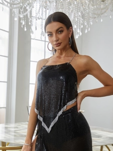 Sexy black metal sequin mesh two-piece crop top and skirt set with silver rhinestone trim