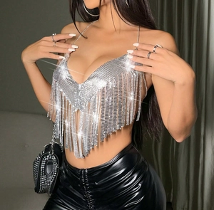 Détail rapproché d'un haut court à paillettes argentées avec franges métalliques