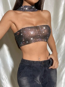 Sparkling rhinestone bandeau top with matching choker for women's summer street style