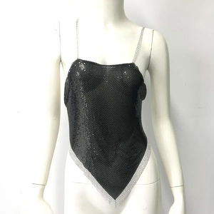 Detail view of black sequin crop top with silver chain straps and rhinestone trim