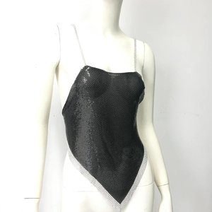 Detailed view of black metal sequin halter top with rhinestone edges and chain straps
