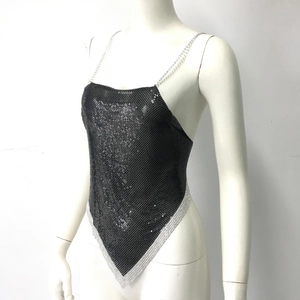 Detailed side view of black metal sequin halter top with chain straps and V-shaped hem