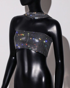 Detail shot of black bandeau top with colorful rhinestones and matching choker necklace