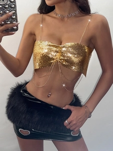 Sexy Metallic Sequin Metal Mesh Crop Top For Women Nightclub Party Sparkly Halter Backless Chain Strap Festival Tank Top