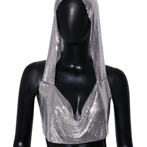Sparkly silver metal sequin hooded halter top with deep V-neck and mesh chainmail design