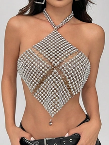 Sparkly silver rhinestone halter top body chain with neck collar and diamond patterns