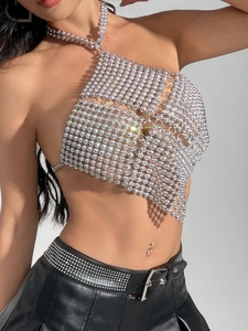 Luxury silver rhinestone halter neck top with triangular hem and matching choker set