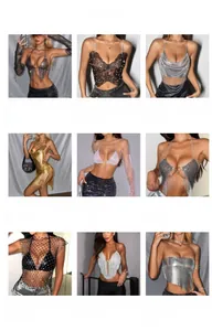 Detailed collage of sequined crop tops and metallic fringe halter vests for women
