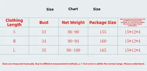 Size chart for rhinestone camisole with length and bust measurements for S M L sizes