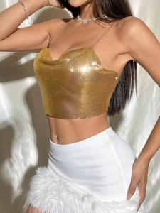 Sparkly gold metal mesh halter top with chain straps for festive party wear